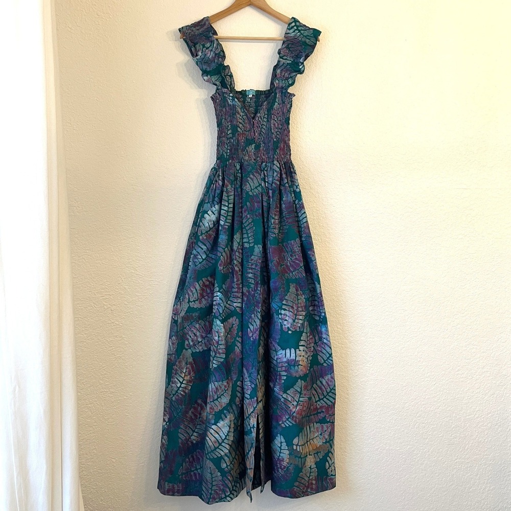 Sika Traci Smocked Maxi Dress 6 Leaf Print Tropical Resort Vacation Cotton Teal - Picture 7 of 16